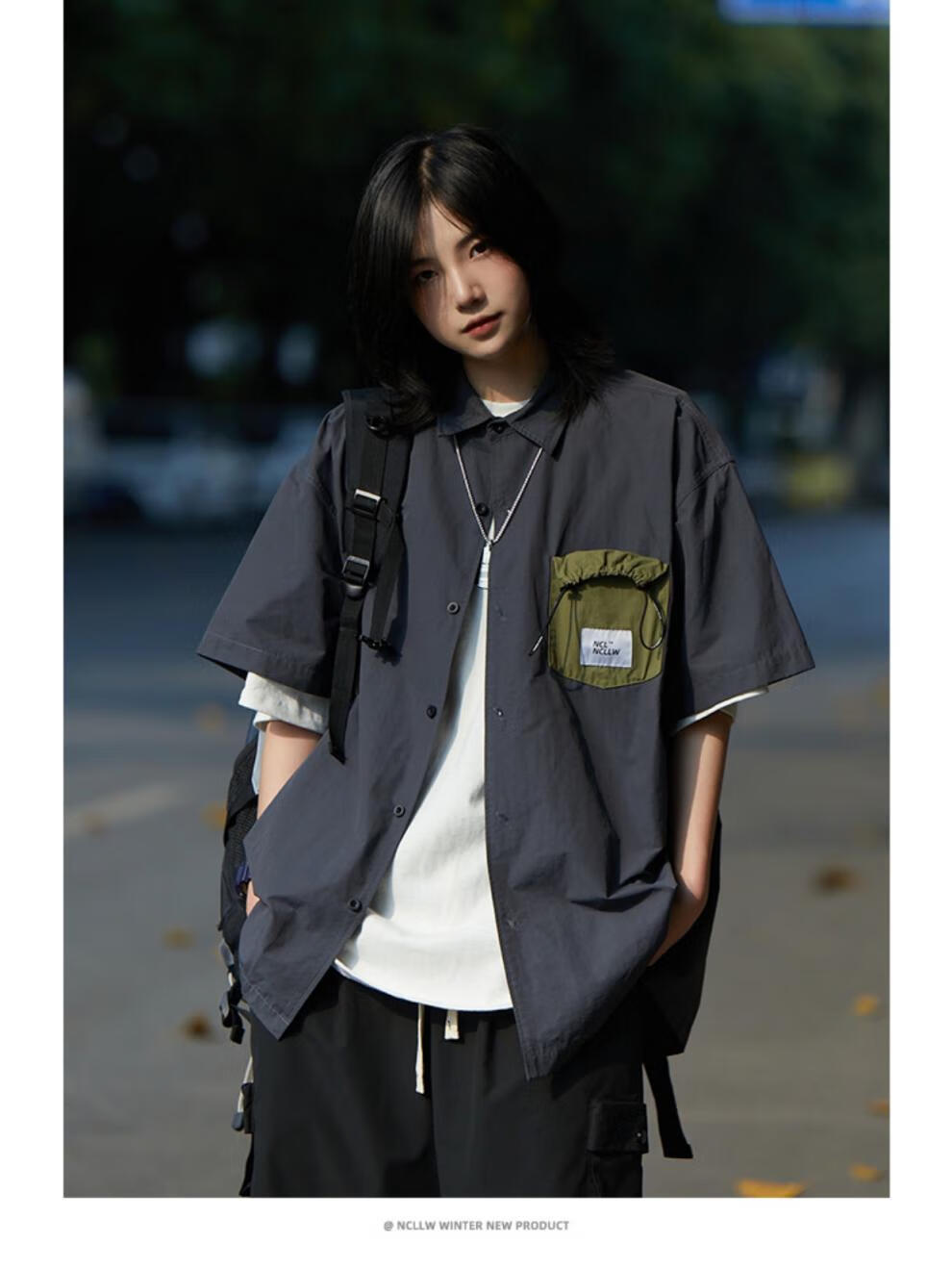 你初恋老王衬衫男夏季工装七分袖衬衣外套 深灰色 l【图片 价格 品牌