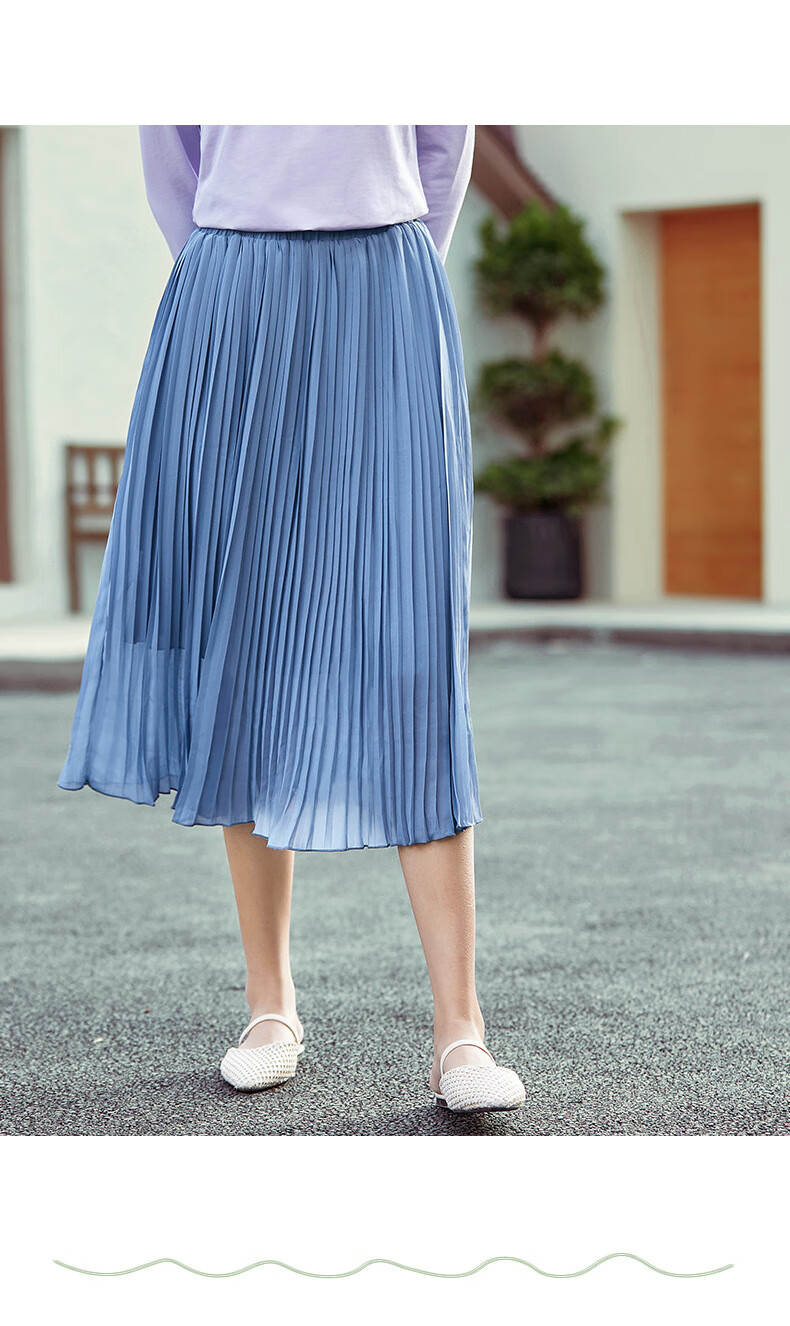 丝婷秋装新款韩版高腰百褶裙a字中长款裙子雪纺半身裙女5759浅蓝色m