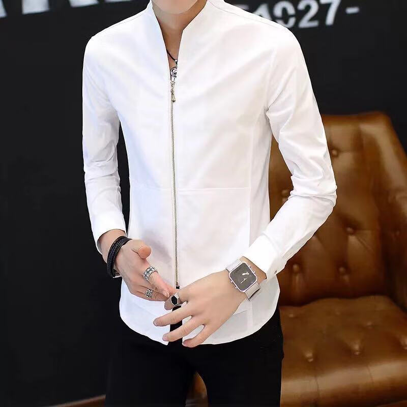 衬衫男长袖长袖恤男士弹力青年上衣服修身秋季外穿外套盘扣白色s体重