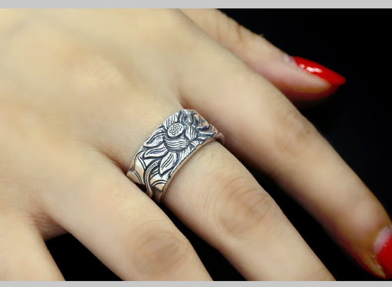 老凤凰999饰品足银圣诞礼物莲花开口心经戒指男女款泰银首饰白银款