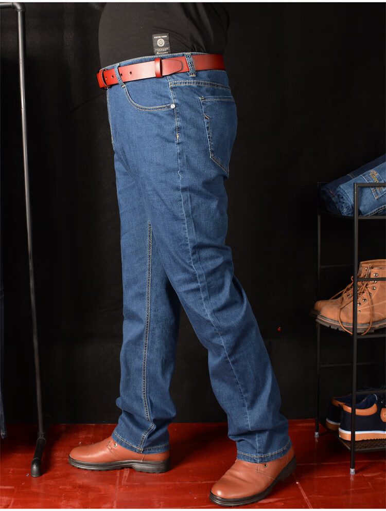 aemppe男士牛仔裤男宽松加肥加大码弹力肥佬直筒高腰中老年深裆长裤