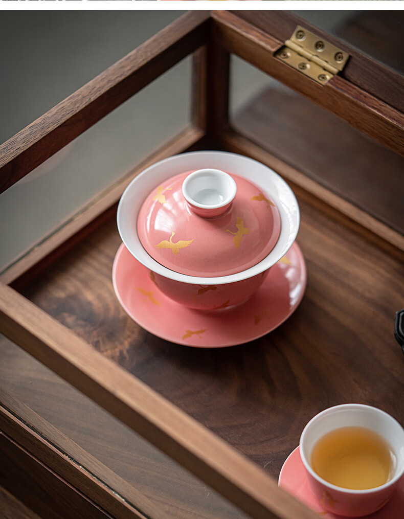 品茶客桃红釉仙鹤三才盖碗茶杯单个手工陶瓷泡茶器单个家用防烫茶碗带