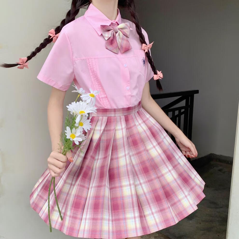 jk制服少女夏季jk套装格裙裙子全套小学生水手服koi花边款衬衫树莓