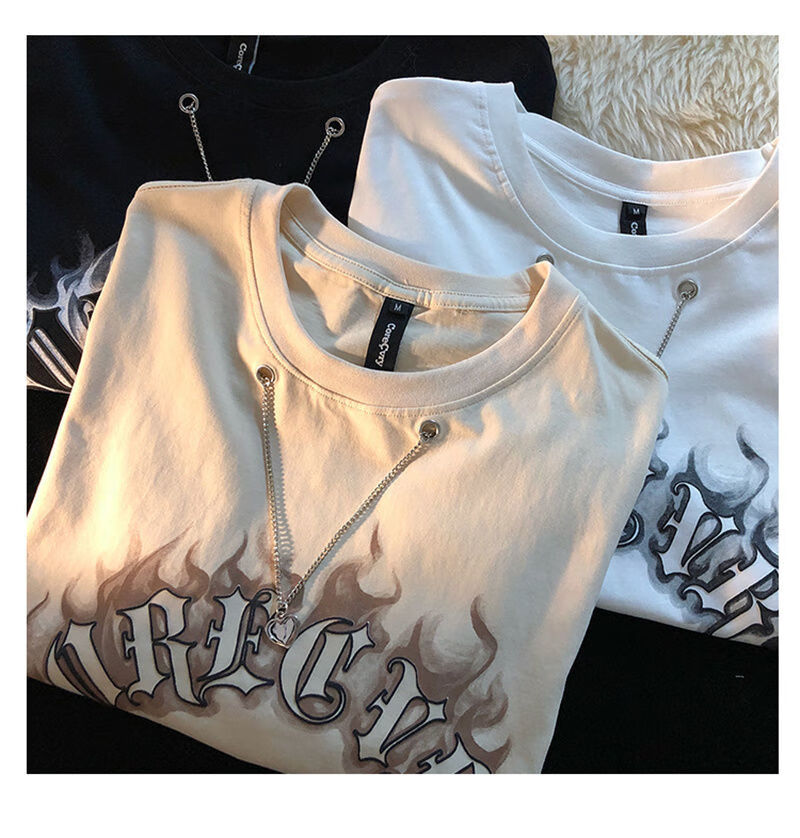 美式街头火焰链条短袖t恤女学生宽松情侣装夏天衣服潮小众设计感白色s