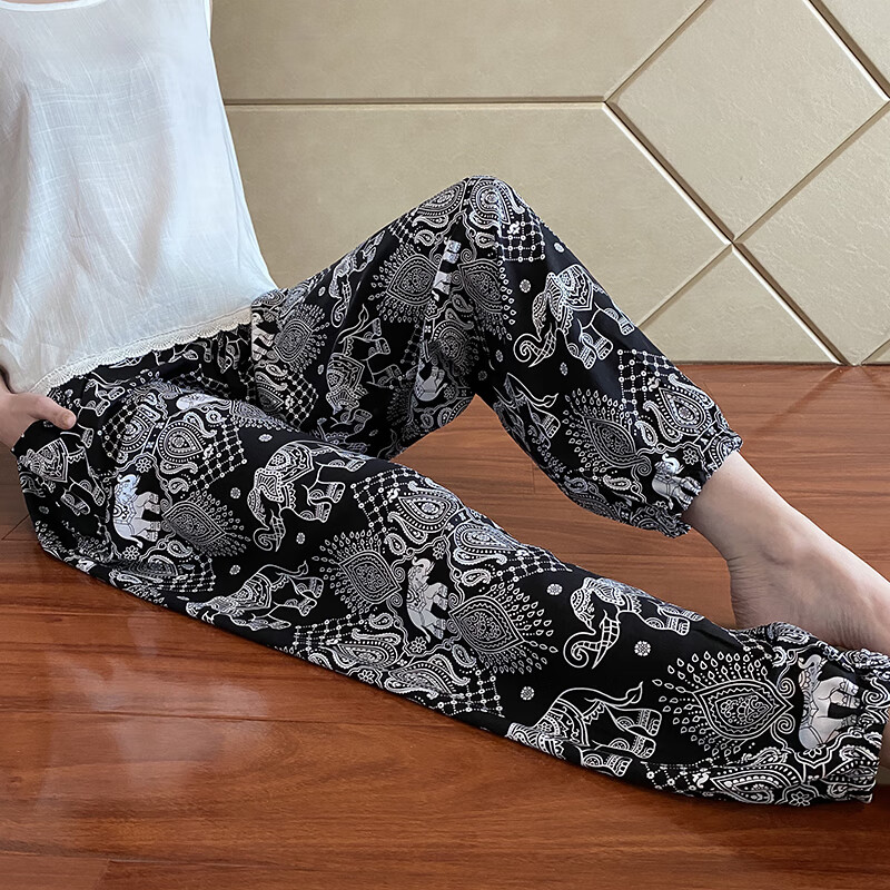 莫代尔人造棉裤子夏季薄款睡裤女长裤绸家居裤绵绸男士大码宽松人造棉