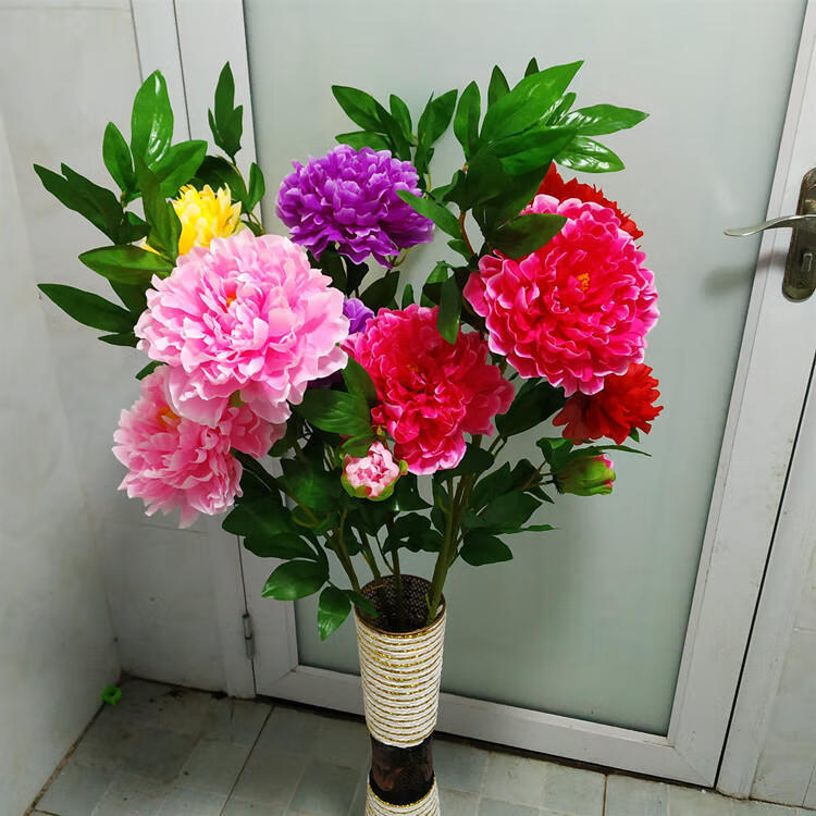 仿真富贵牡丹花高枝大朵假花绢花客厅落地装饰电视柜干花花束花艺8头