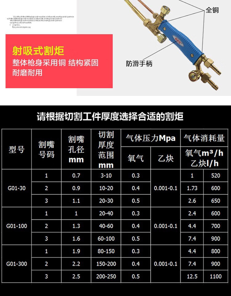 氧气乙炔割枪射吸式割炬焊枪全铜不锈钢加长加厚(可开发票) 铜g01-100