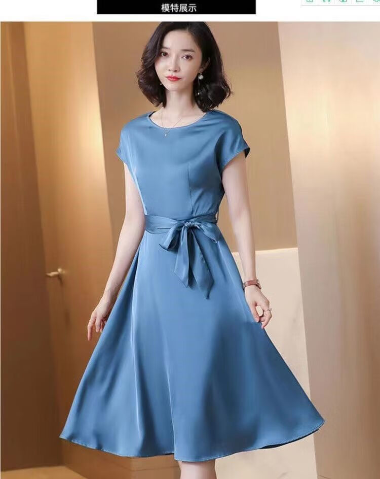 真丝连衣裙女夏季2022新款短袖宽松中长款桑蚕丝裙子女天蓝色m90105斤