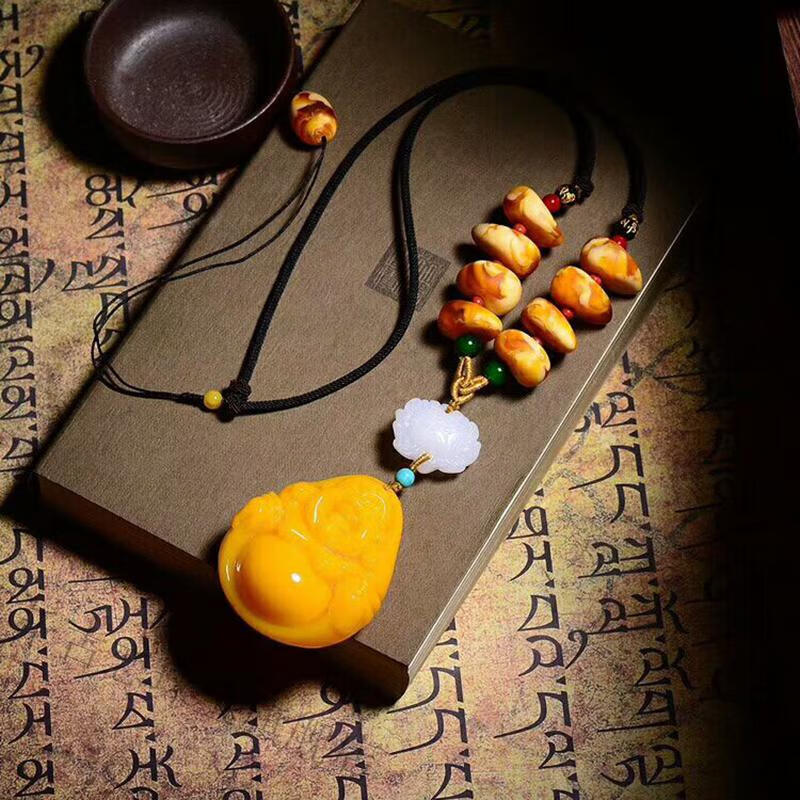 波罗地海鸡油黄老蜜蜡大肚弥勒佛吊坠男女款笑佛秋冬毛衣项链挂件 鸡