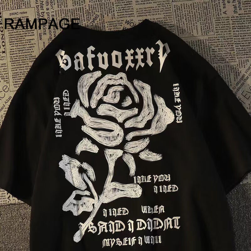 rampage 纯棉美式复古玫瑰花短袖男女宽松欧美风潮牌上衣设计感小众