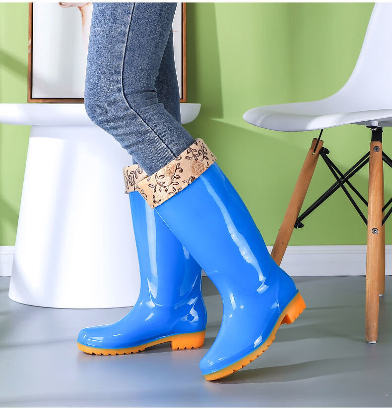 雨靴中筒水靴水鞋加绒防滑胶鞋套鞋洗车工作高筒雨鞋女高筒蓝色无绒36