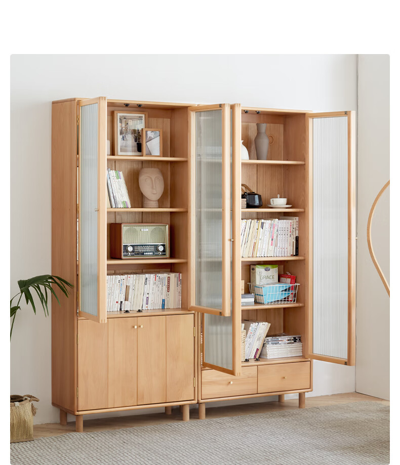 源氏木语实木书柜欧洲榉木带门书架现代简约组合柜北欧落地展示柜 组