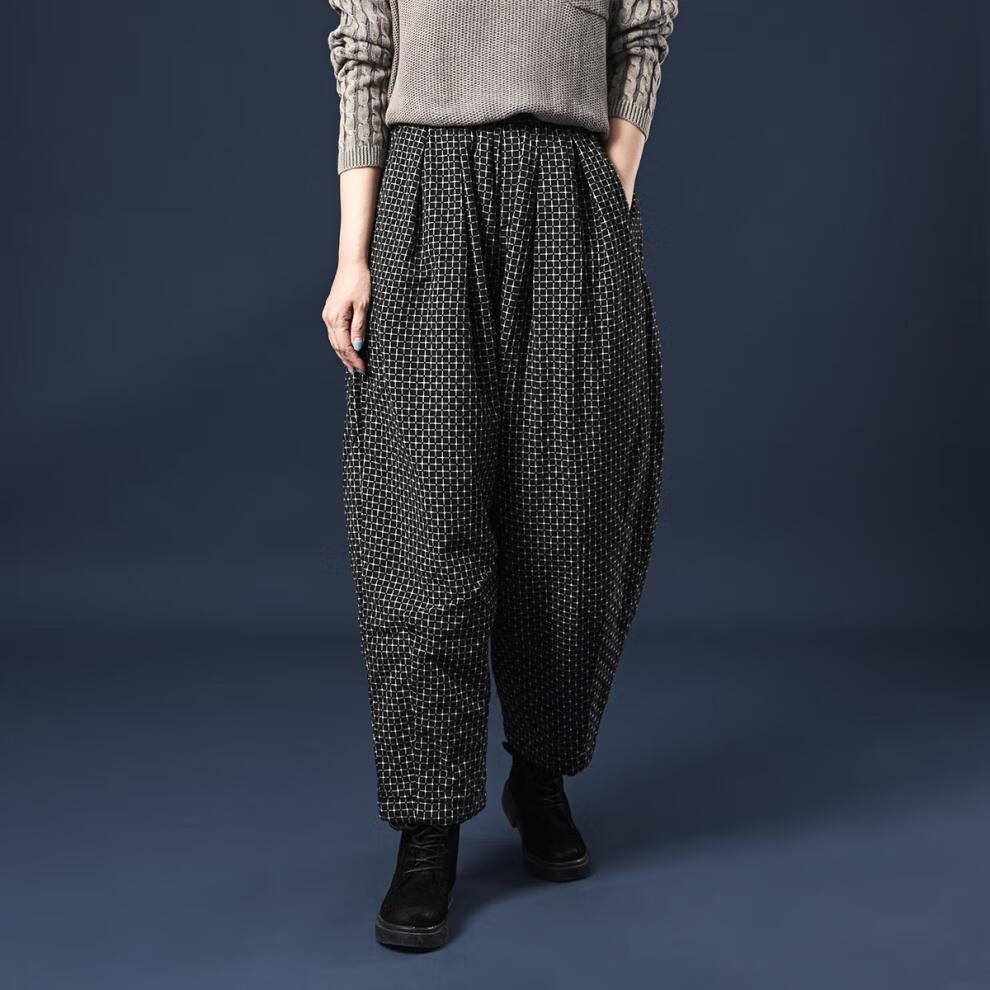 格子老爹裤冬季加厚保暖棉棉裤女外穿宽松高腰棉麻夹棉阔腿裤 黑色