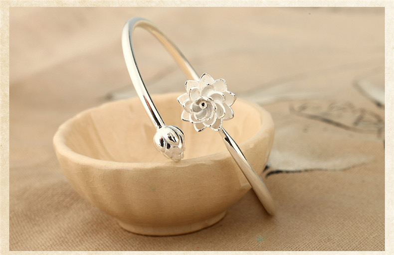 老凤凰老凤凰990开口手镯女莲花小清新网红闺蜜银手环年轻款实心足银