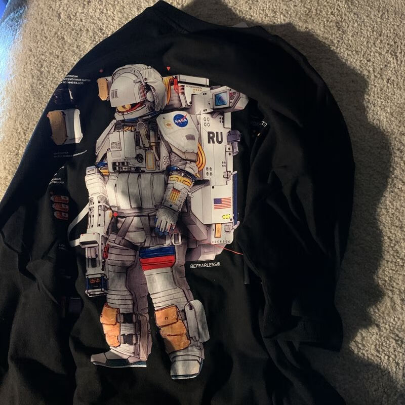 为何留我一个人在太空 国潮nasa航空登月宇航服印花短袖t恤宽松夏