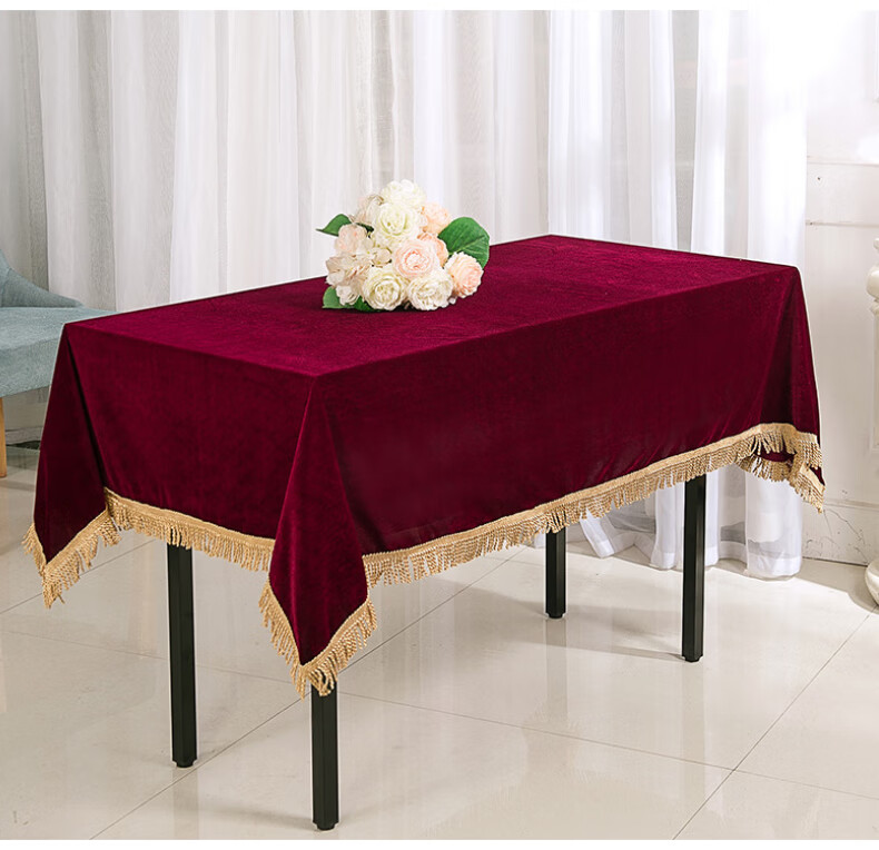 带流苏装饰红色桌布酒红色金丝绒布桌布麻将机桌布防尘盖布台面布