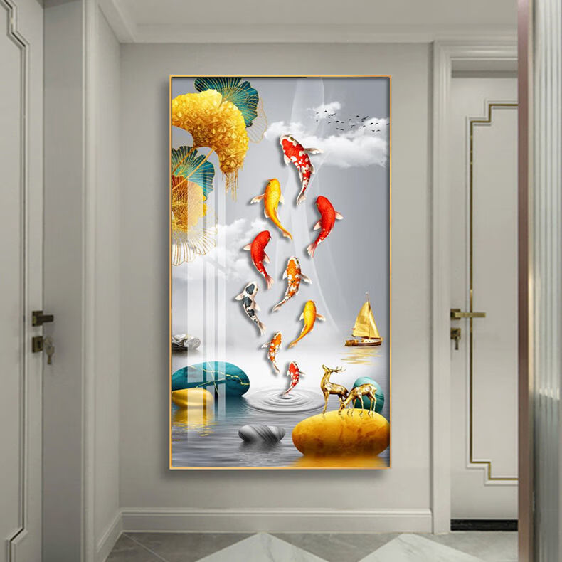 图老大tulaoda九鱼风水玄关装饰画走廊入户过道挂画轻奢客厅镶钻晶瓷