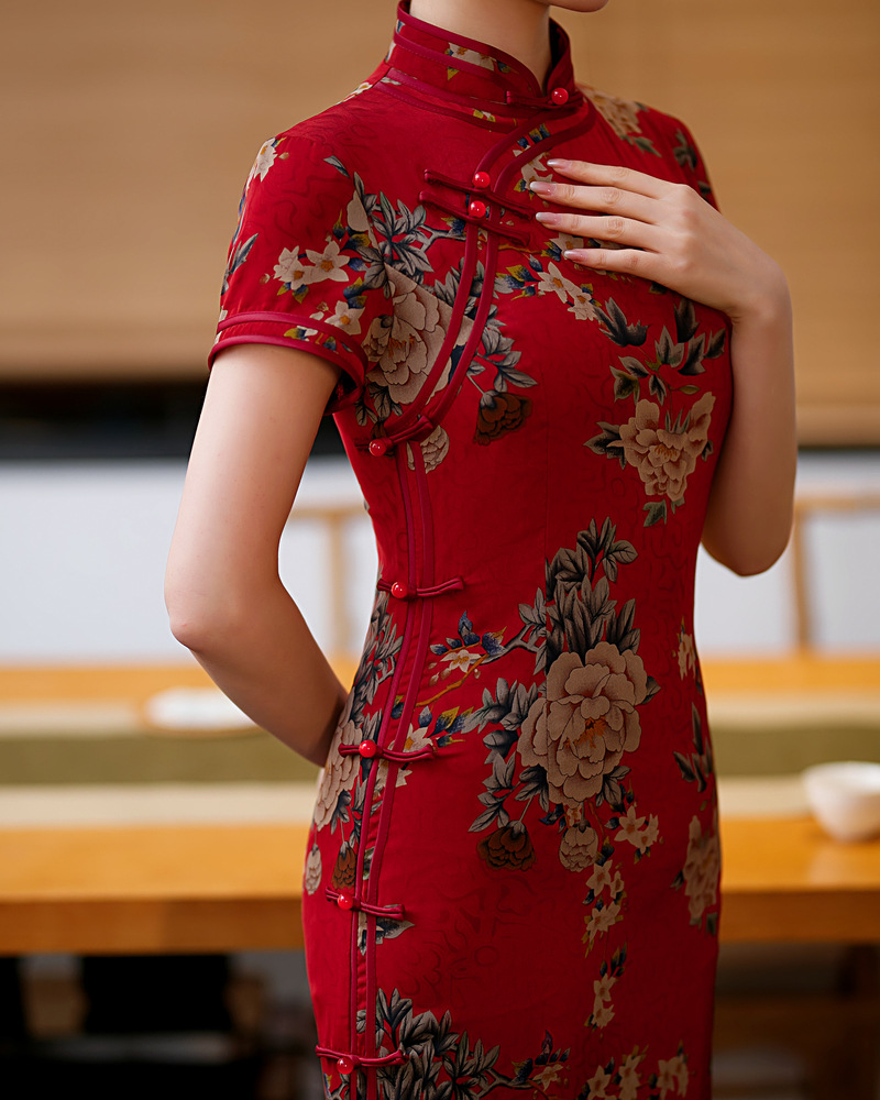 旗袍长款老上海春夏新款复古中国风日常旗袍气质修身走秀旗袍裙 589红