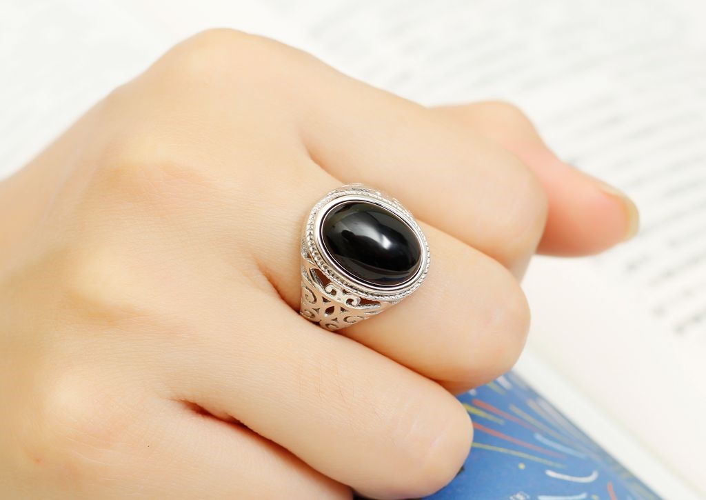 黑曜石戒指925天然黑玛瑙宝石戒指男女情侣复古足银开口指环食指足银
