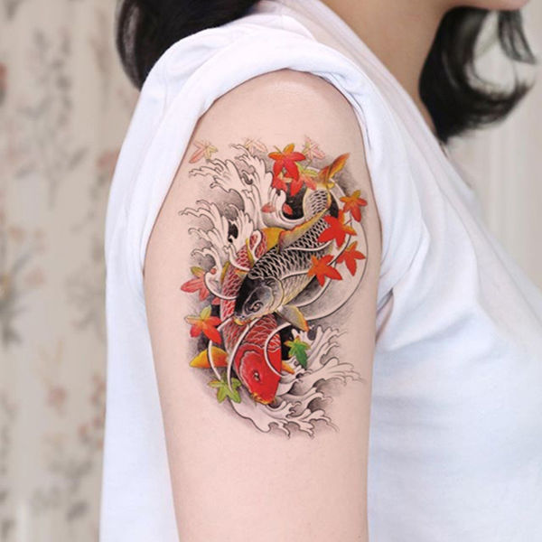 纹身贴洗不掉红黑双鲤鱼大花臂纹身贴男女浪花手臂小腿仿真刺青招财