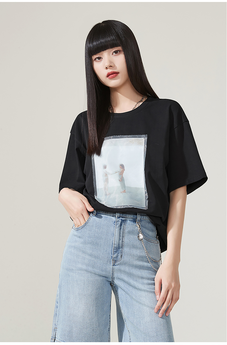 逸阳短袖t恤女2022夏季新款图案印花宽松显瘦半袖白色上衣薄8637黑色7