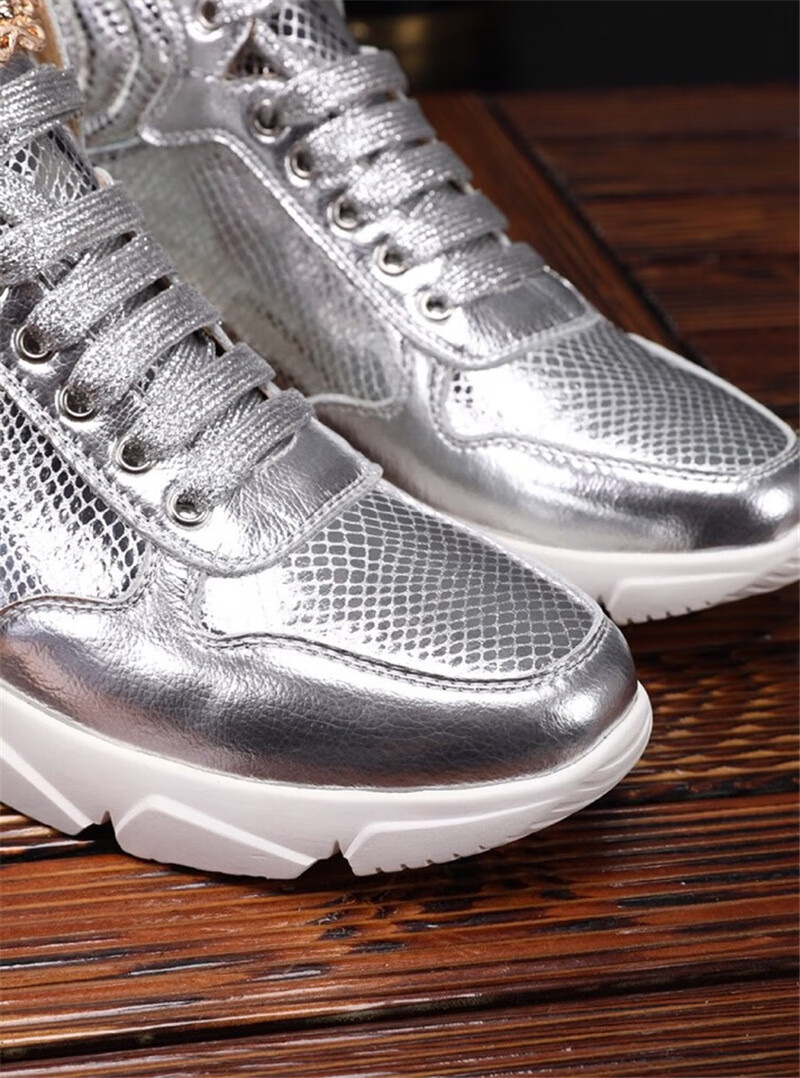 2022春季新款男士漆皮高帮英伦风板鞋百搭银色厚底男鞋休闲鞋子银色38
