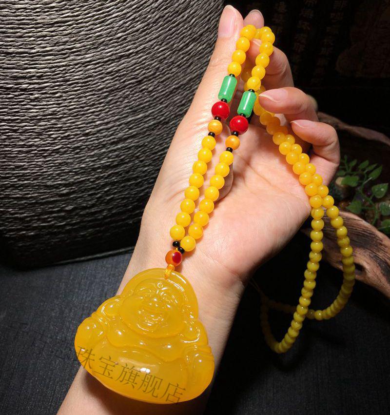 波罗地海鸡油黄老蜜蜡大肚弥勒佛吊坠男女款笑佛秋冬毛衣项链挂件 鸡