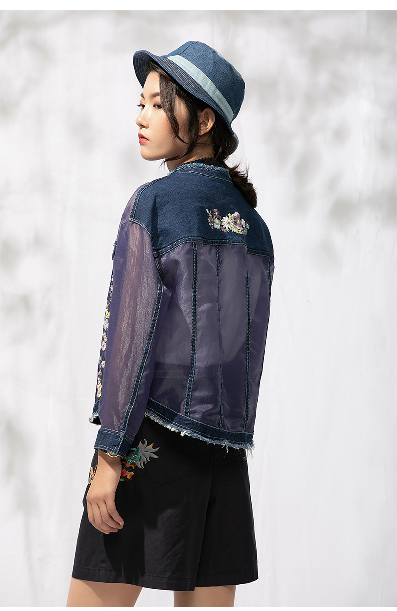 渔牌女装外套新款2022薄款牛仔绣花名媛气质休闲短夹克女牛仔蓝16584