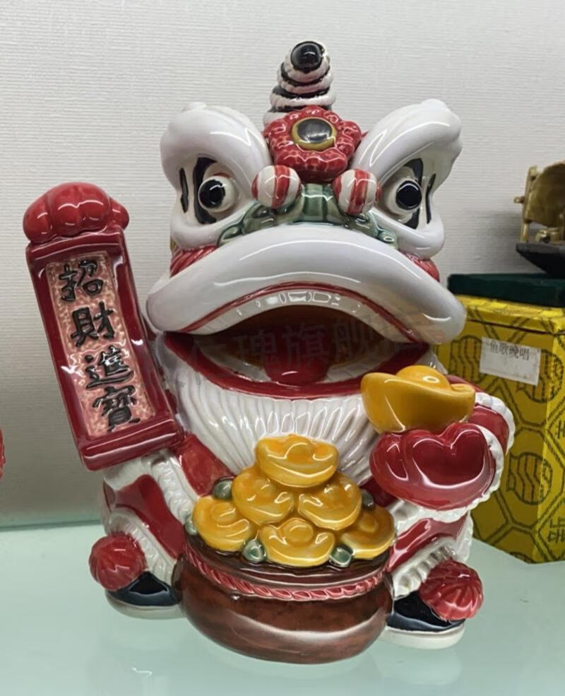 陶瓷醒狮石湾公仔佛山舞狮头旅游手信风水礼创意车摆件白色醒狮锦盒装