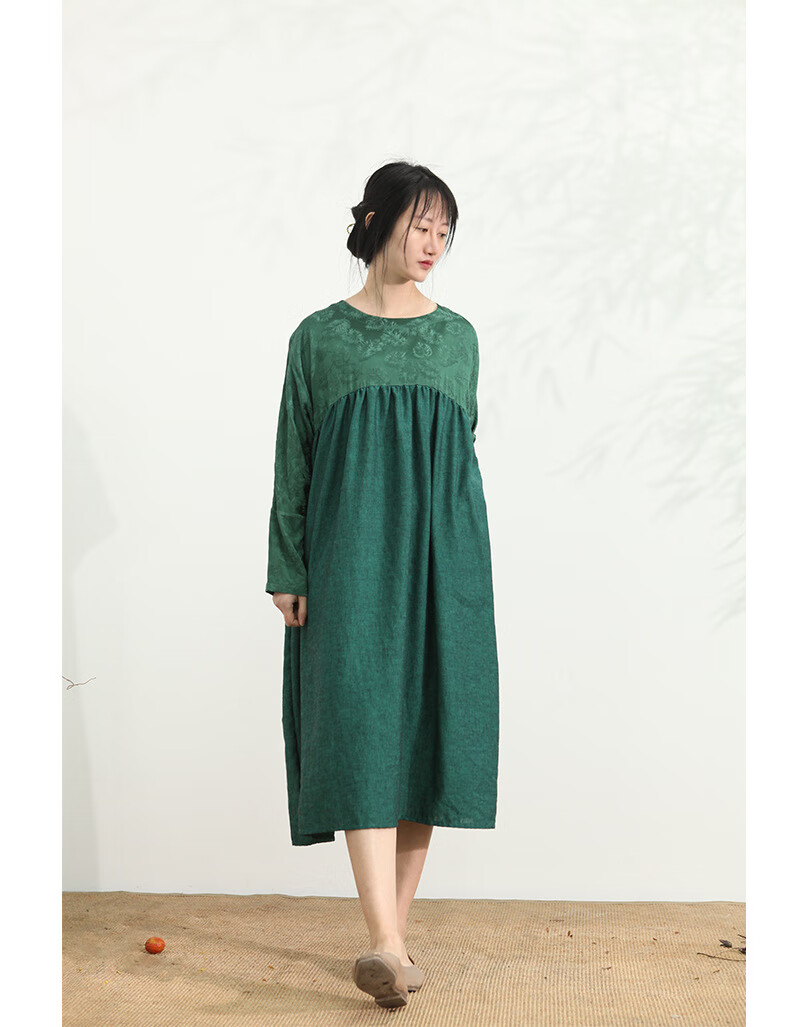 素订棉麻女装官方连衣裙夏款海边度假裙文艺2022长袖宽松休闲简约衣服