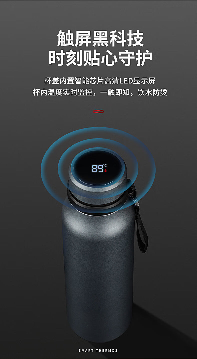 保温杯男女学生便携健身泡茶水杯 瑶台银 1500ml【智能测温】【图片