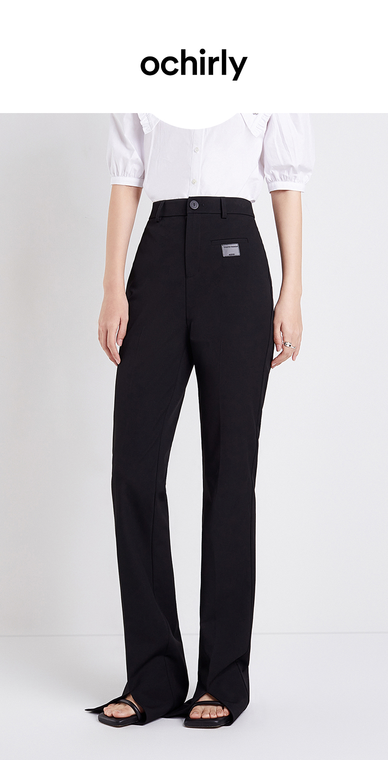 ochirly欧时力2022新款夏装开叉高腰显瘦休闲西装裤阔腿长裤 黑色090