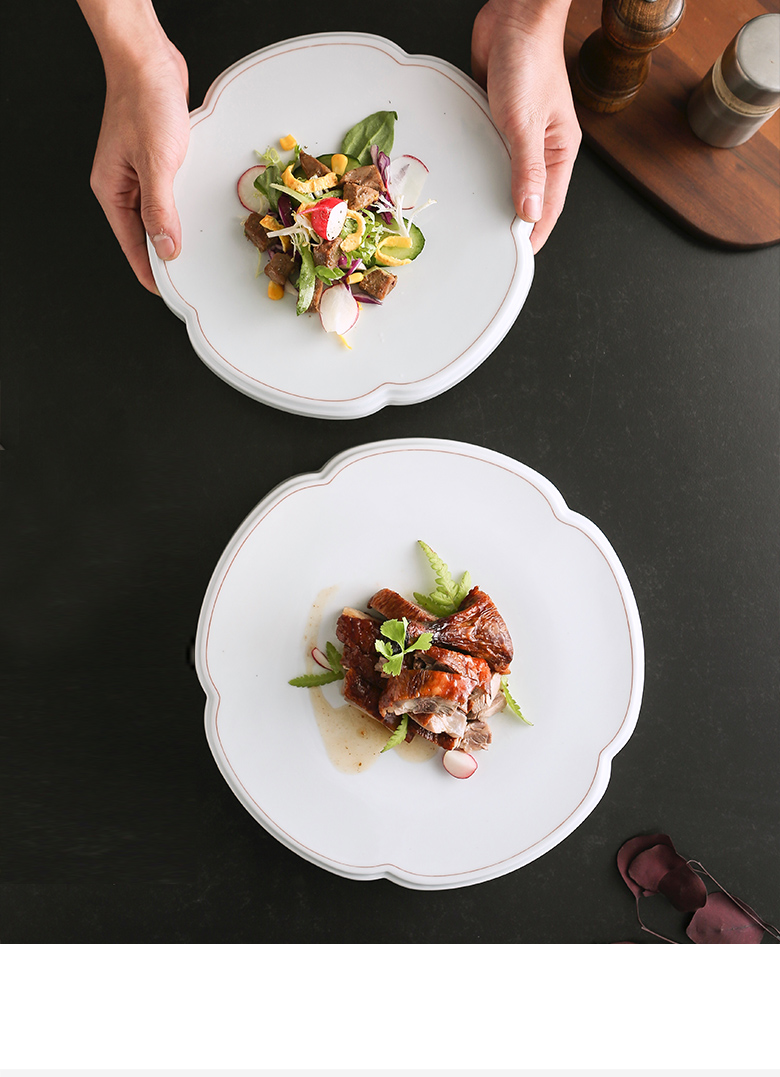 酒店精致餐具淡青色花型柱体展示盘西餐厅平盘托盘酒店会所餐厅意境菜