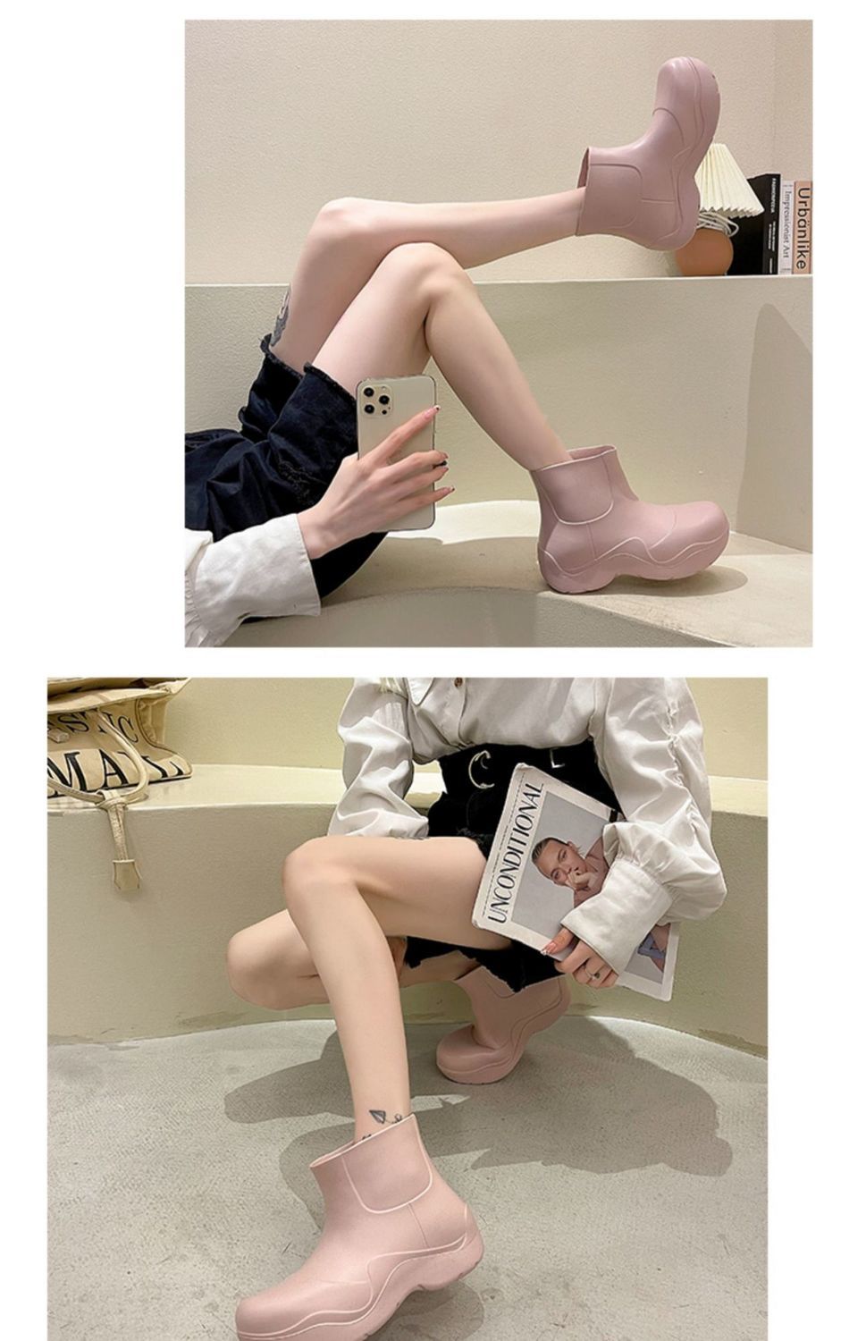 放水鞋网红雨鞋女外穿时尚百搭厚底短筒靴女牛油果绿防水防滑雨靴水鞋