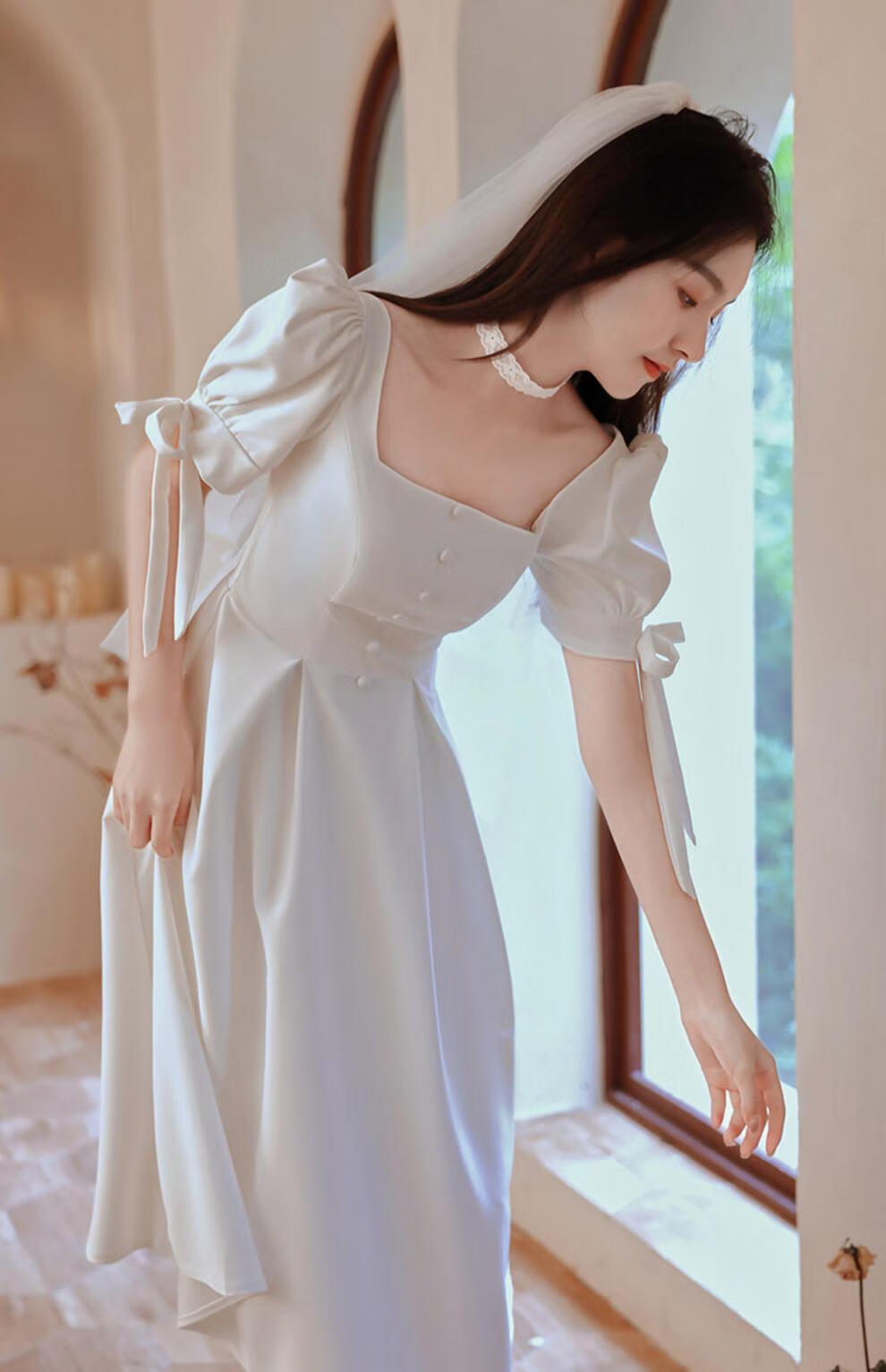 领证小白裙春夏平时可穿白色礼服女缎面显瘦中长款连衣裙婚纱白色xs