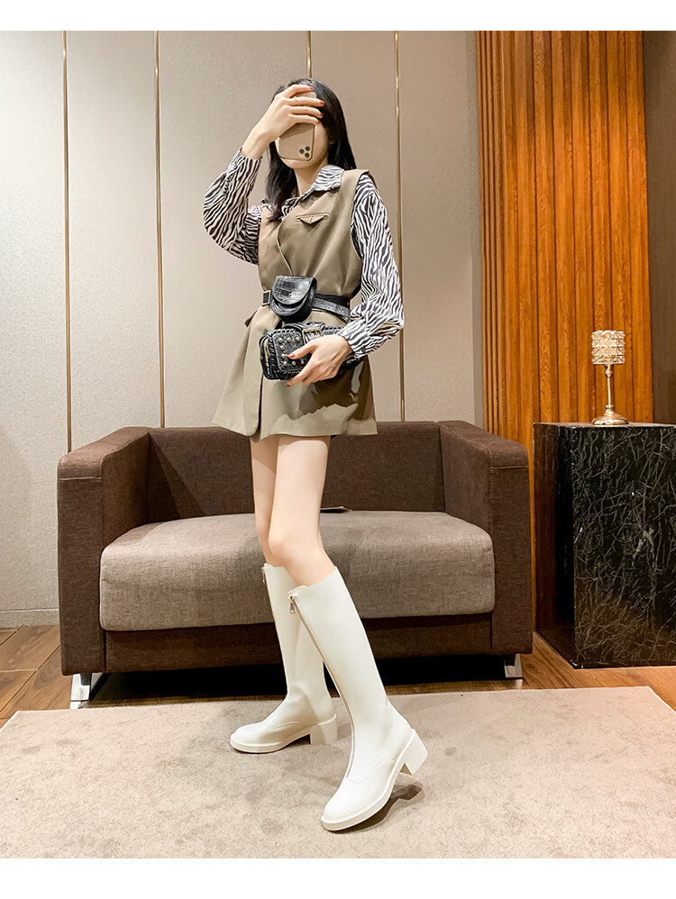 靴子女高靴女长靴2020新款冬季长筒靴加绒中筒皮靴骑士靴 【杏色】加