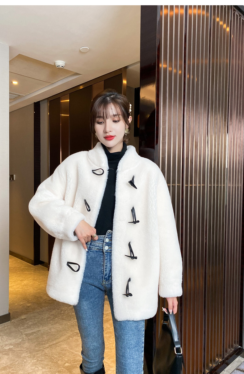 高端轻奢颗粒羊剪绒大衣女中长款2020冬牛角扣宽松羊羔毛一体海宁皮草
