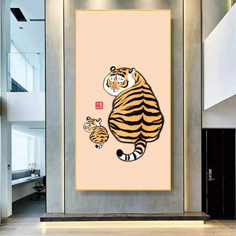 适用于恶搞笑礼物虎啸山林图胖虎客厅玄关装饰画幽默走廊背景图q版