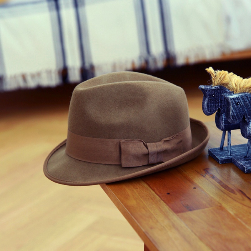 秋冬女潮时尚百搭韩版小清新毛呢帽英伦卷边礼帽男爵士帽圆顶 卡其色