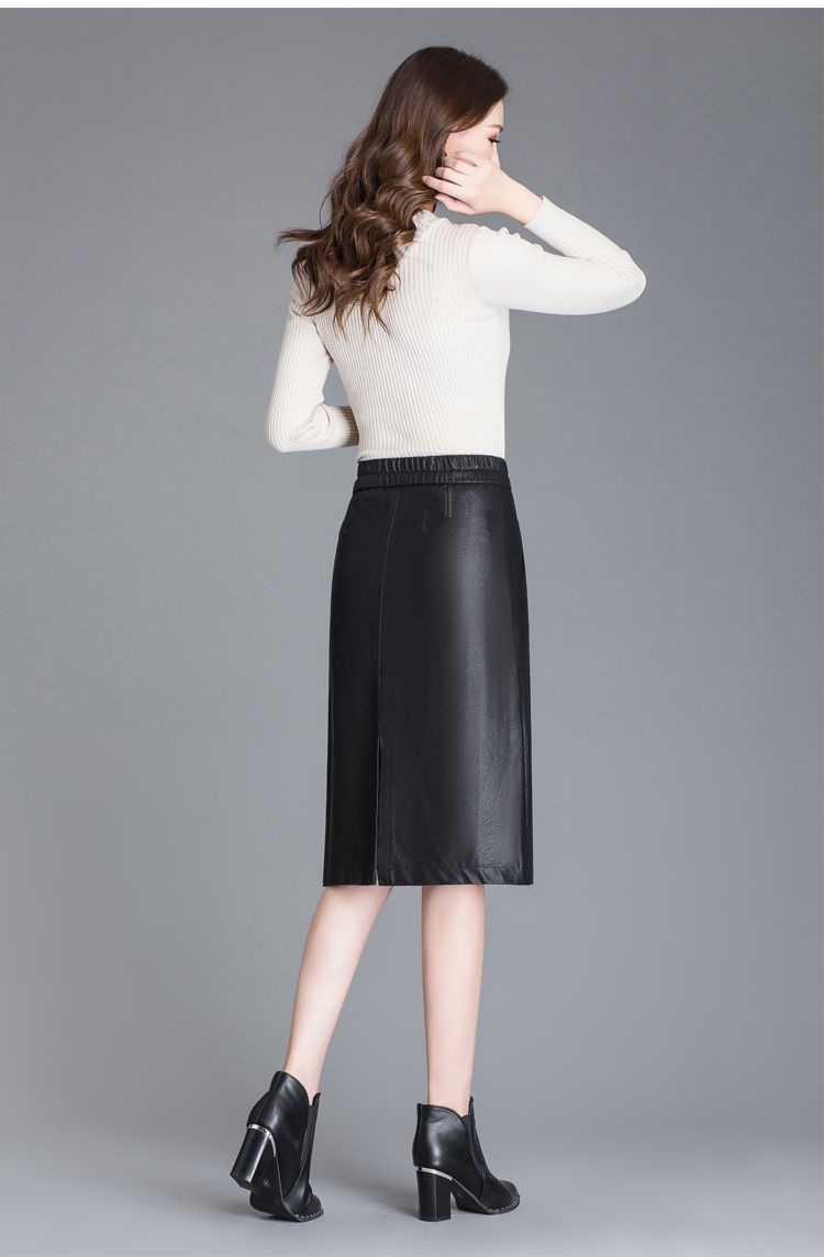 2020冬新款皮裙女高腰松紧系绳开叉中长款过膝大码字裙 黑色加绒款 s