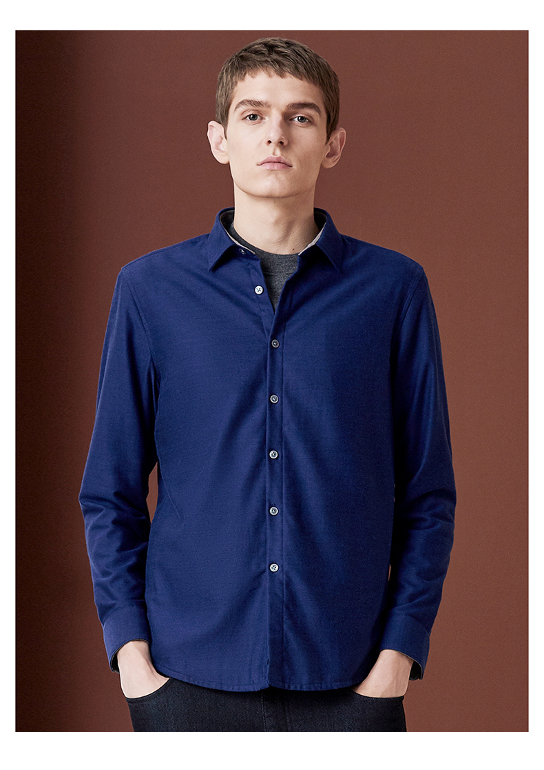 vasto/华斯度磨毛衬衫深蓝男士长袖休闲高端男装牛仔蓝翻领衣服 186蓝