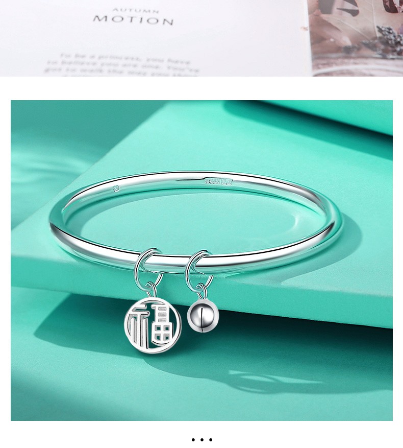 s9999手镯女平安福足银镯子光面实心年轻款送女友送妈妈礼物95105斤26