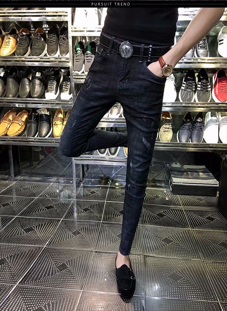 2020男士秋冬款男士精神小伙社会装快手红人同款修身紧身黑色小脚牛仔