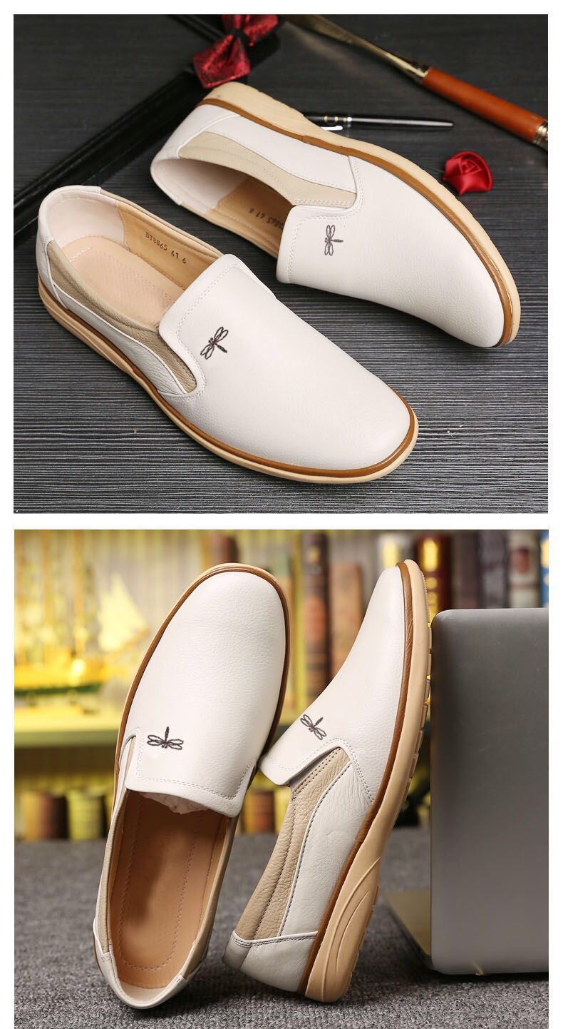 蜻蜓男鞋米白色皮鞋秋季男士休闲鞋牛皮白鞋中老年爸爸鞋 乳白色 37