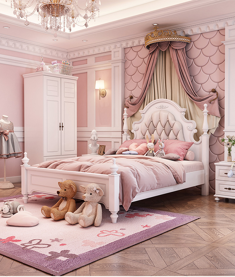 仁度儿童床女孩 公主床少女粉色单人床美式软包床梦幻女孩床1.