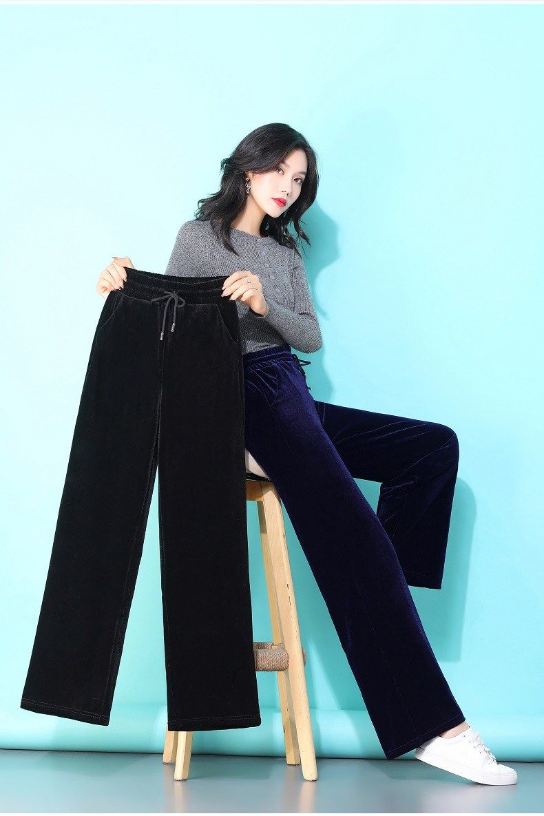 小个子150金丝绒阔腿裤女秋冬高腰垂感矮个子155cm搭配显高直筒裤黑色
