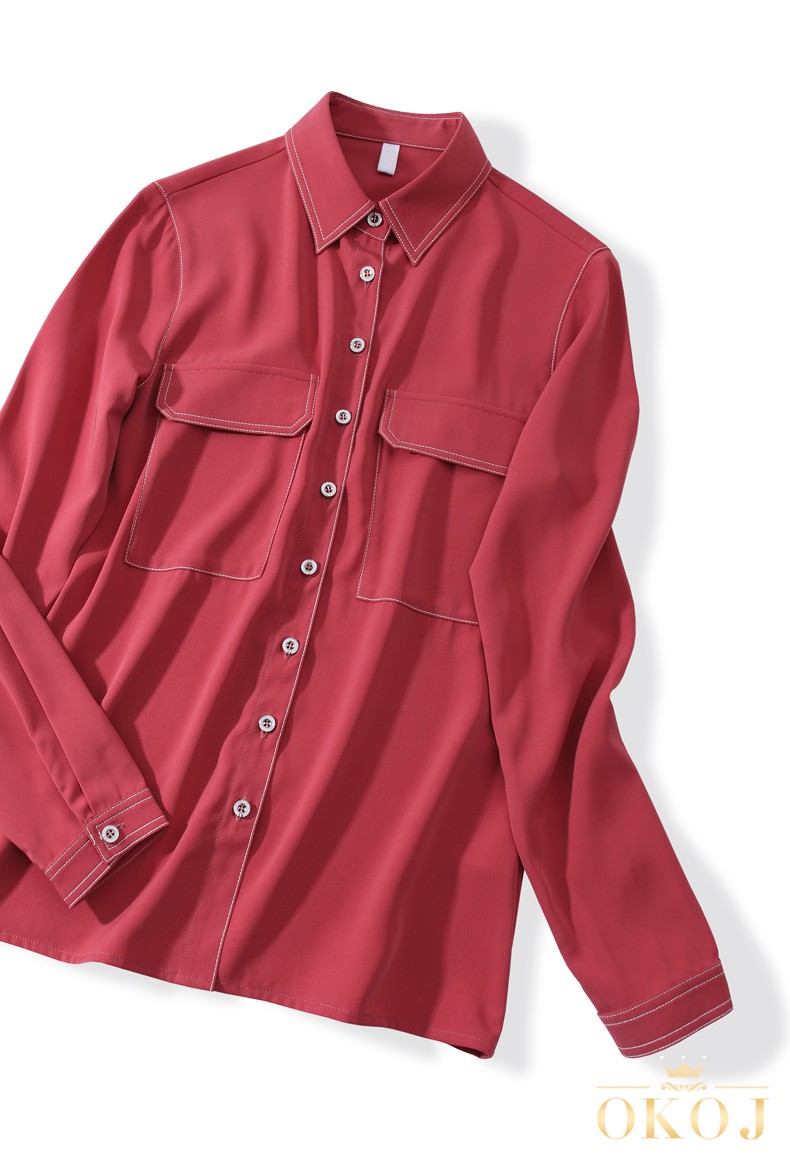 okoj品牌红色衬衫女长袖秋季时尚洋气雪纺衬衣大口袋豆沙红上衣职业