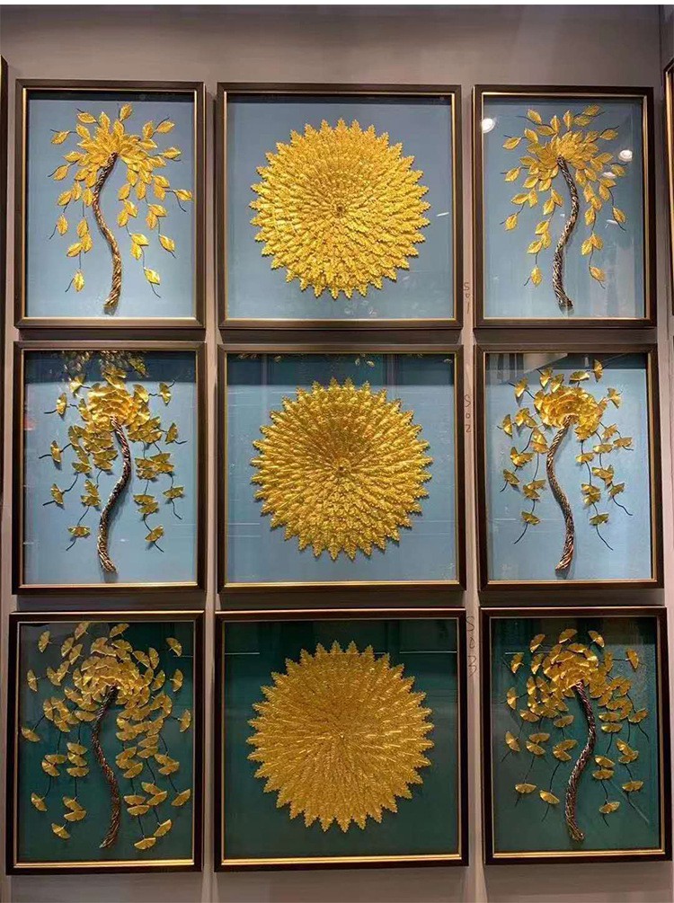 枫绘手工立体装饰画绕线金帝丝实物挂画轻奢羽毛三联画沙发背景墙壁画