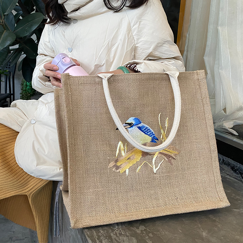 刺绣定制麻布袋包我提麻袋都好看饭盒袋diy黄麻购物袋麻布袋 小鸟刺绣