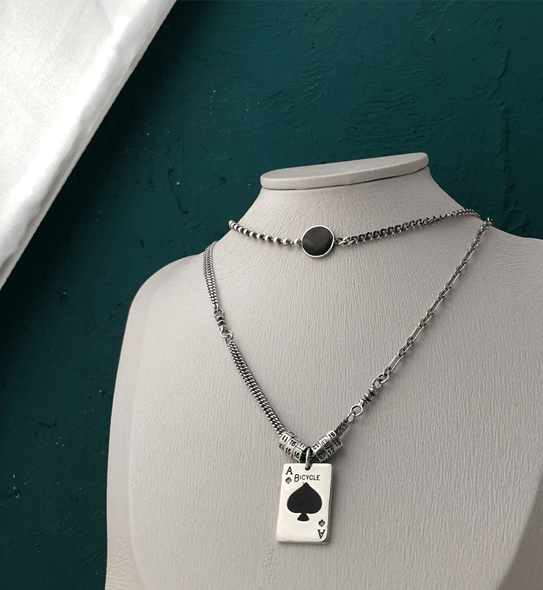 60彩岸韩国毛衣链925银扑克牌黑桃项链女复古锁骨链潮男网红欧美长